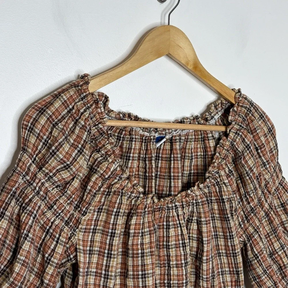 Old Navy Plaid Milkmaid Peasant Top Brown Womens M Academia Ruffled Preppy